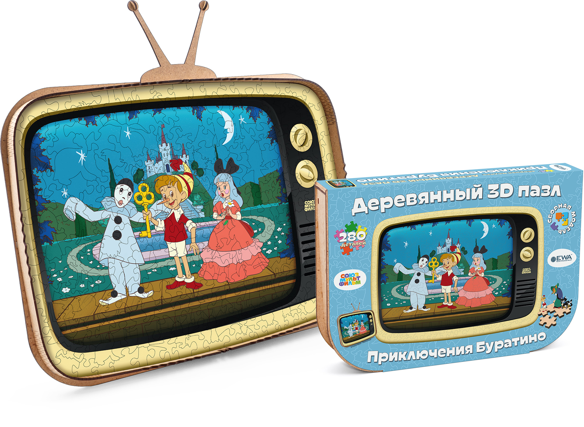 Купить Деревянный 3D пазл EWA Приключения Буратино 40x29 см оптом