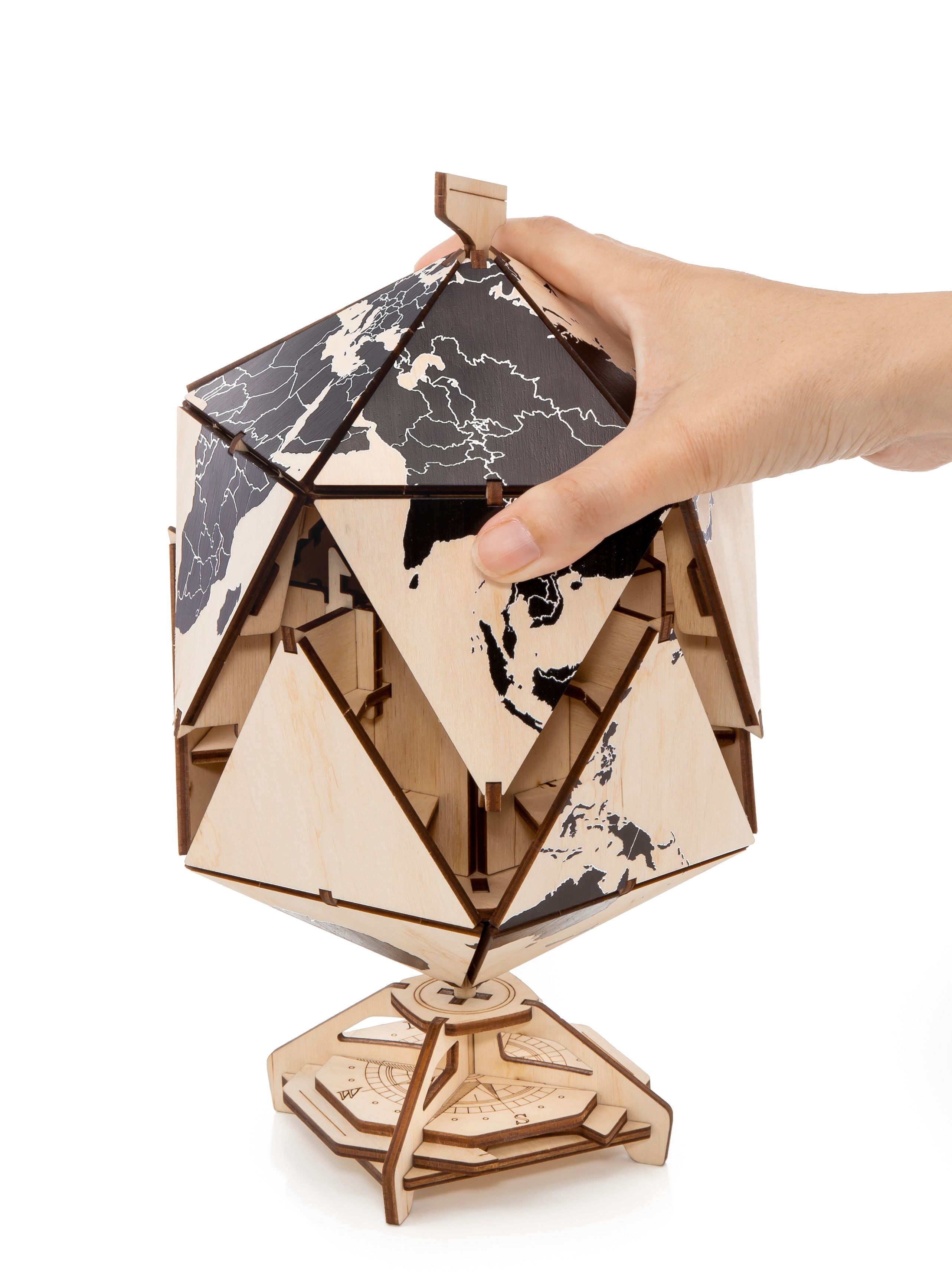 Купить Конструктор деревянный 3D EWA Глобус Икосаэдр с секретом (шкатулка, сейф) черный оптом