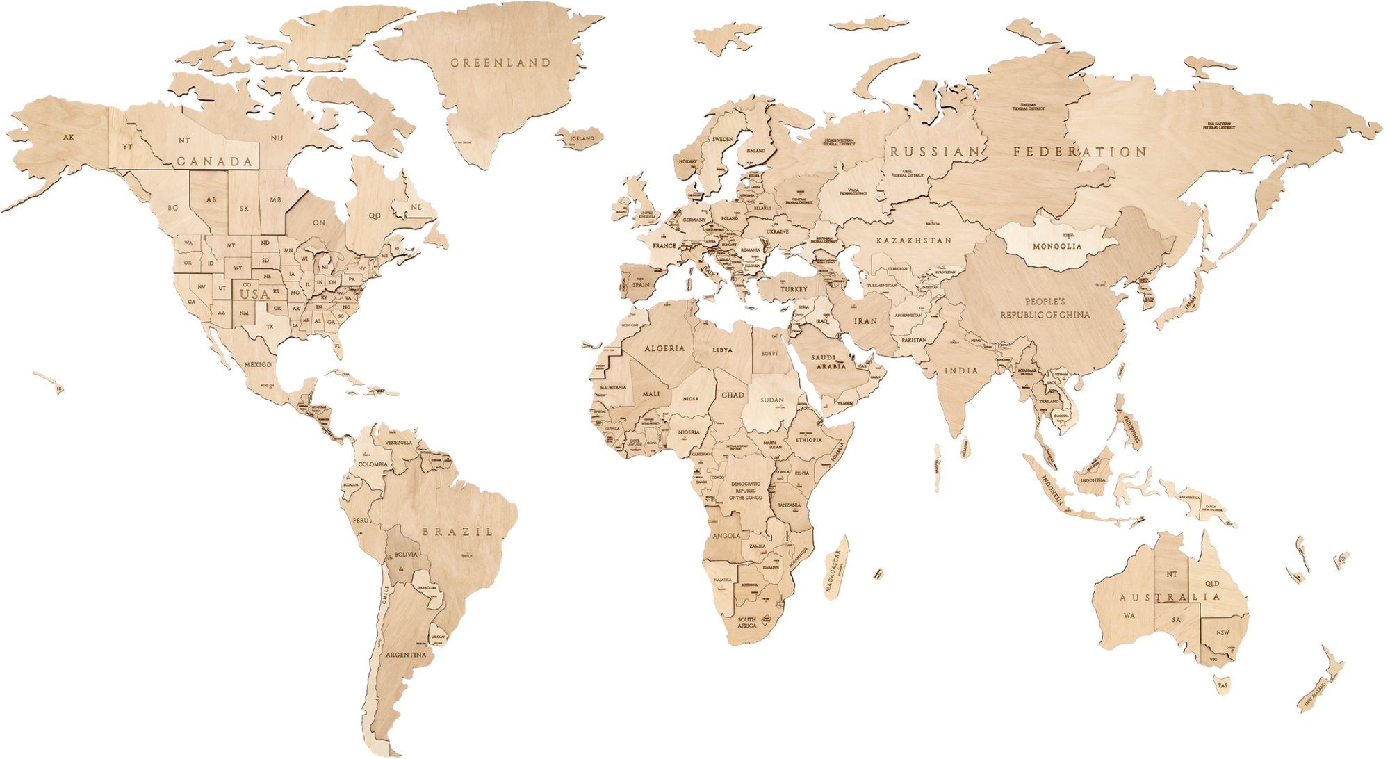 EWA Деревянная Карта Мира настенная, объемная 3 уровня, размер S (100x55 см), цвет натуральный