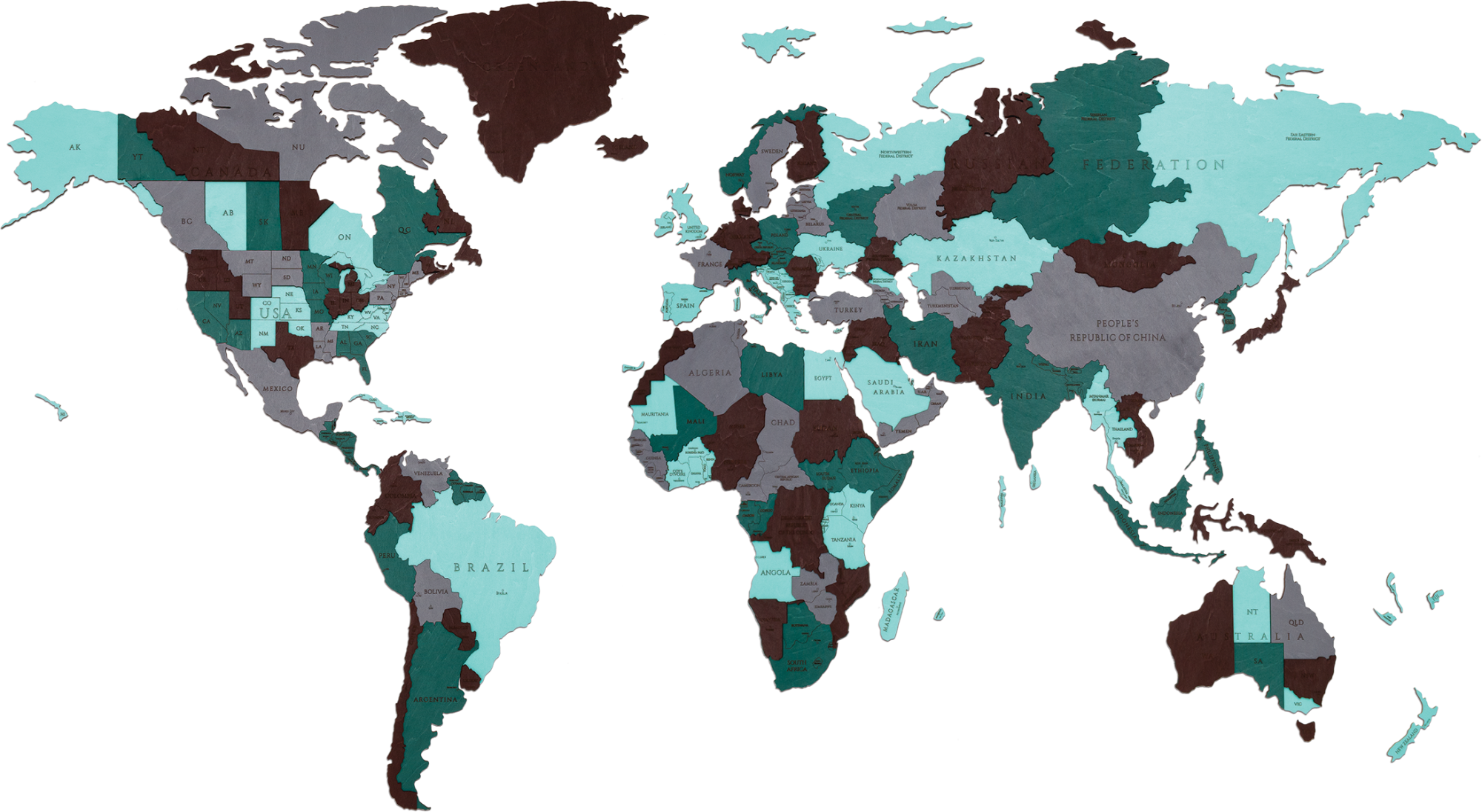 EWA Деревянная Карта Мира настенная, объемная 3 уровня, размер L (192x105 см), цвет изумуруд